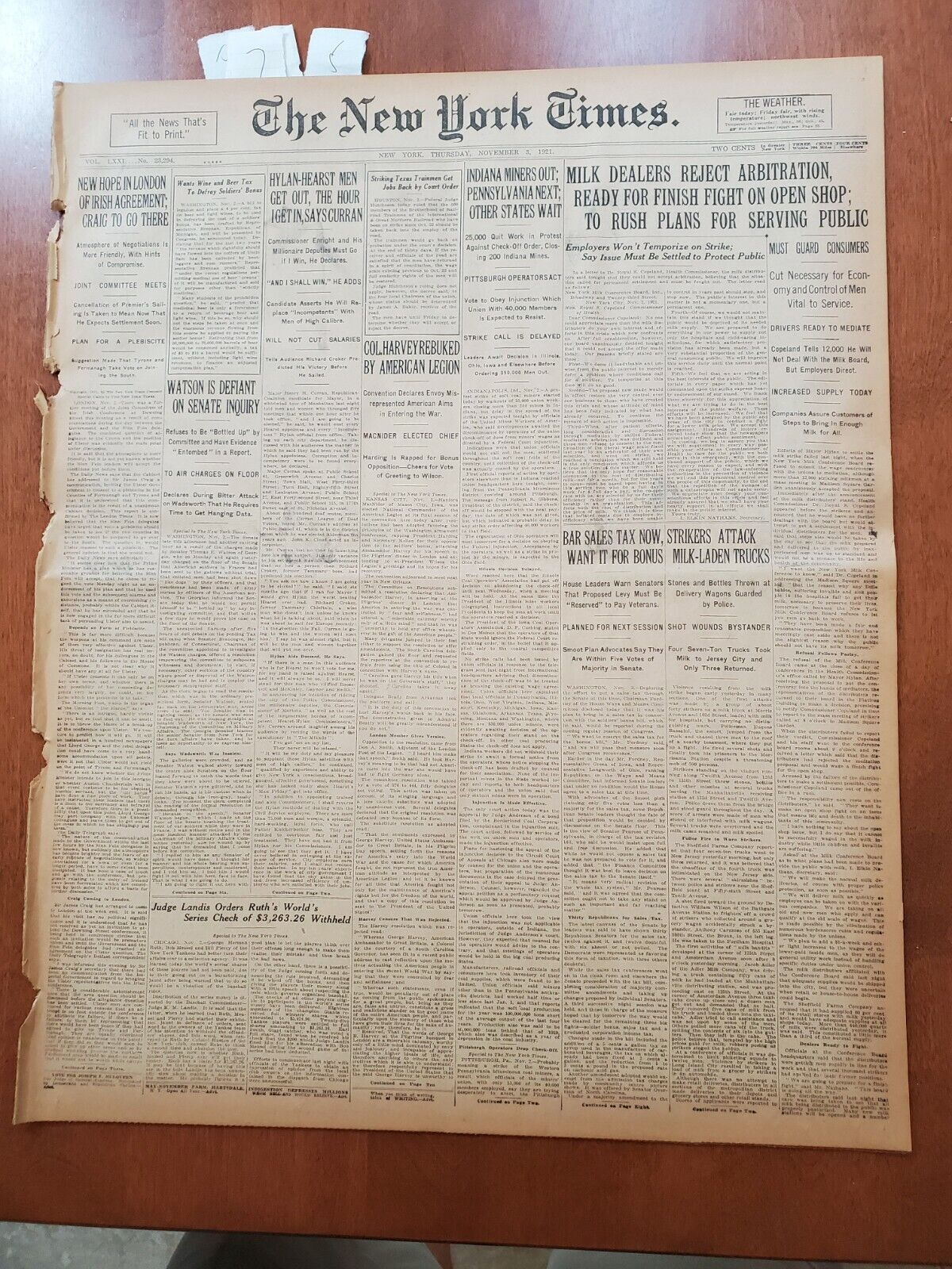 1921 NOVEMBER 3 NEW YORK TIMES NEWSPAPER-MILK DEALERS REJECT ARBITRATION-NT 8026