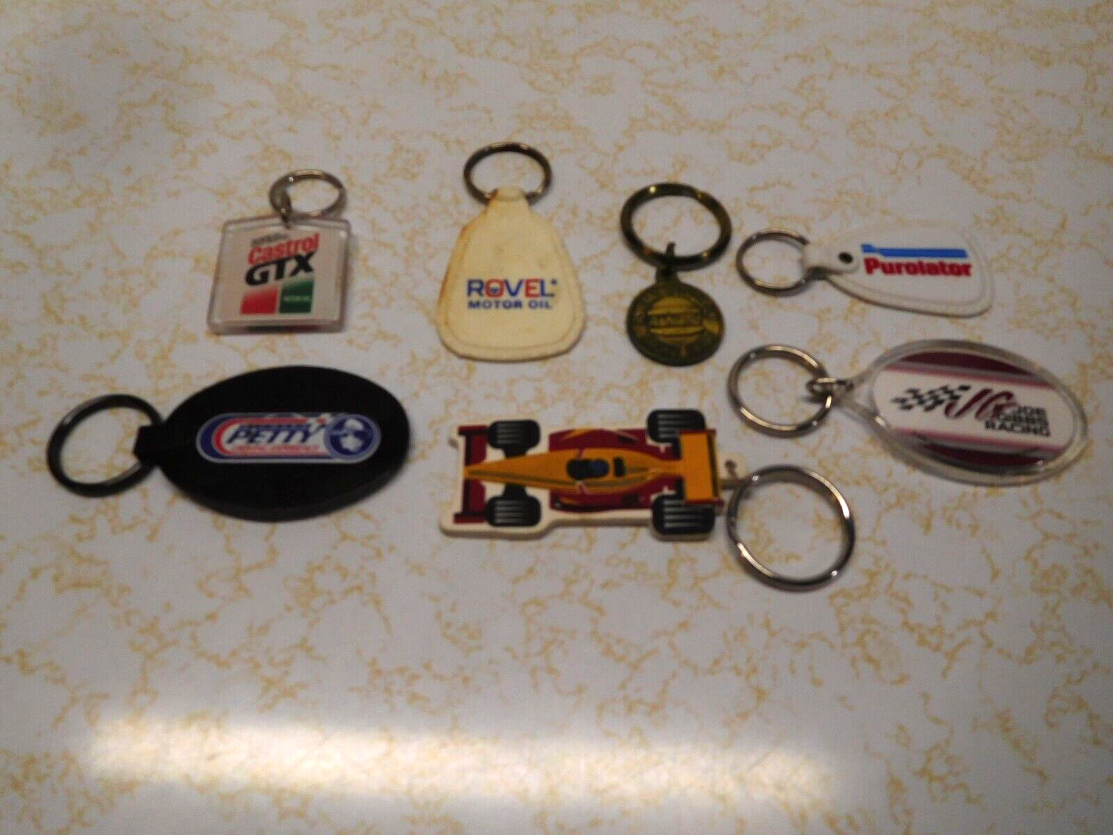 7 Vintage Gas/Oil/Racing Advertising Keychains ~ Petty, GTX, Rovel, Purolator