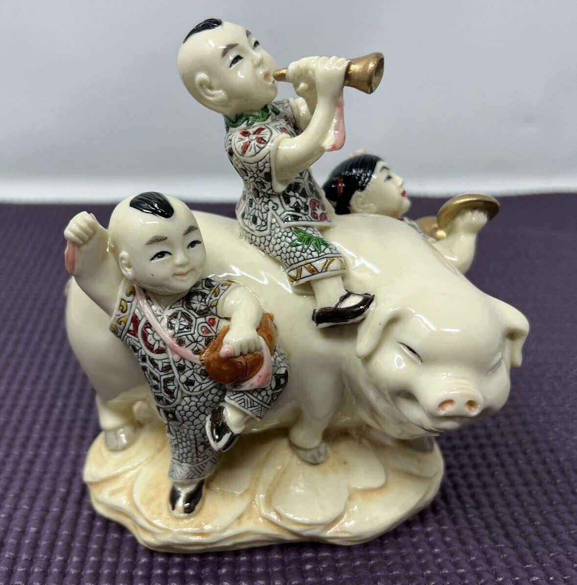Vintage Chinese Children on Pig Playing Musical Instruments Resin Figure