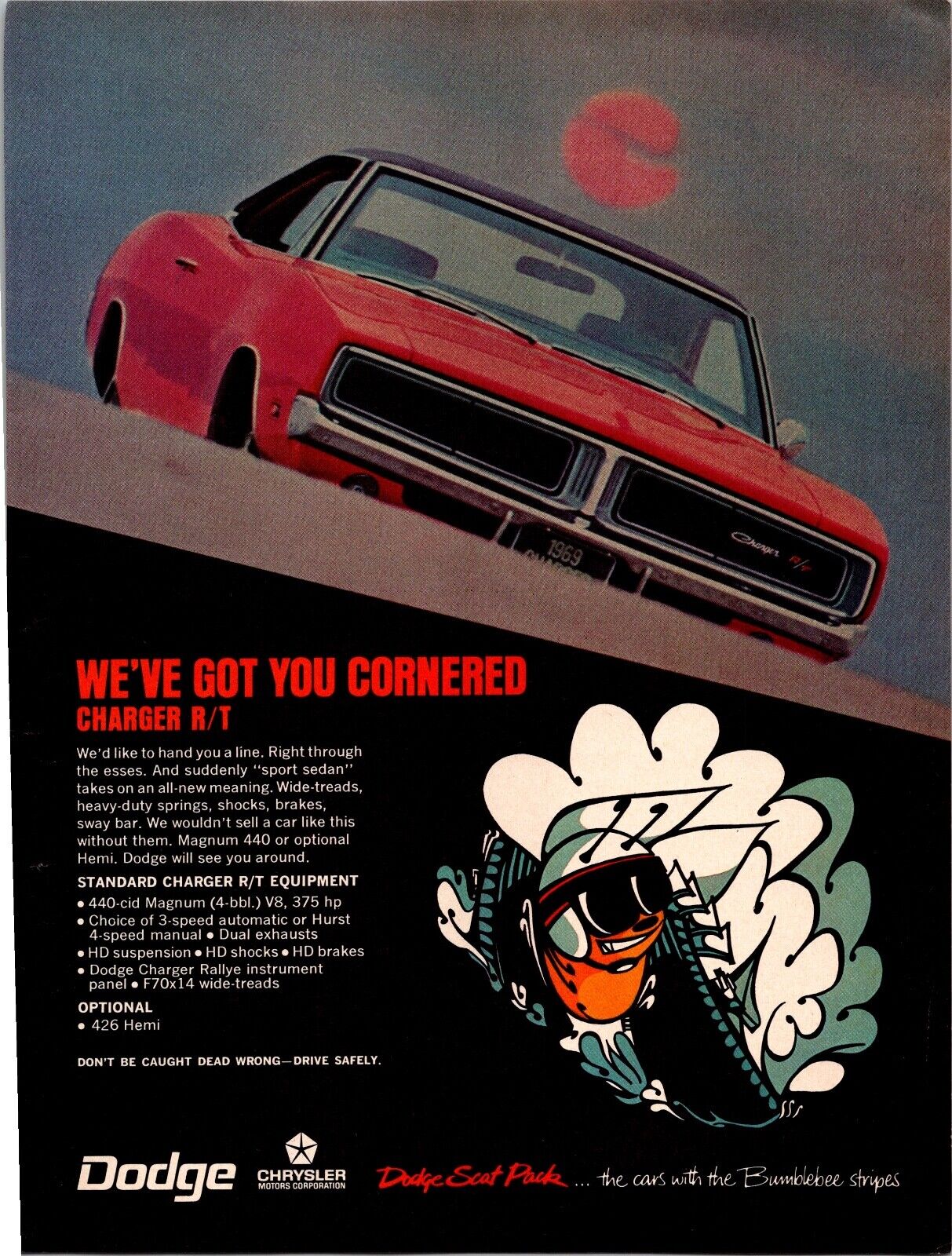 1969 DODGE CHARGER R/T - HEMI  ORIGINAL PRINT CAR AD