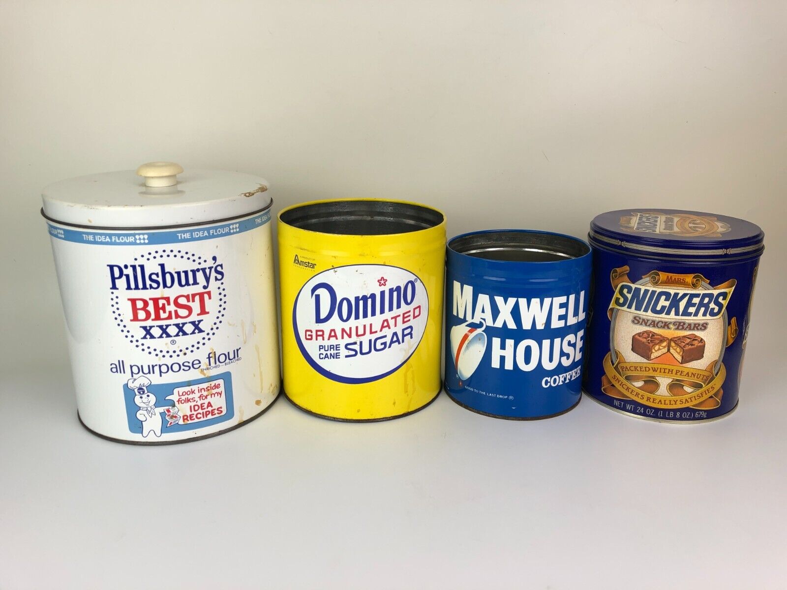 Vtg J.L. Clark Advertising Canisters Pillsbury's Domino Maxwell House + Snickers
