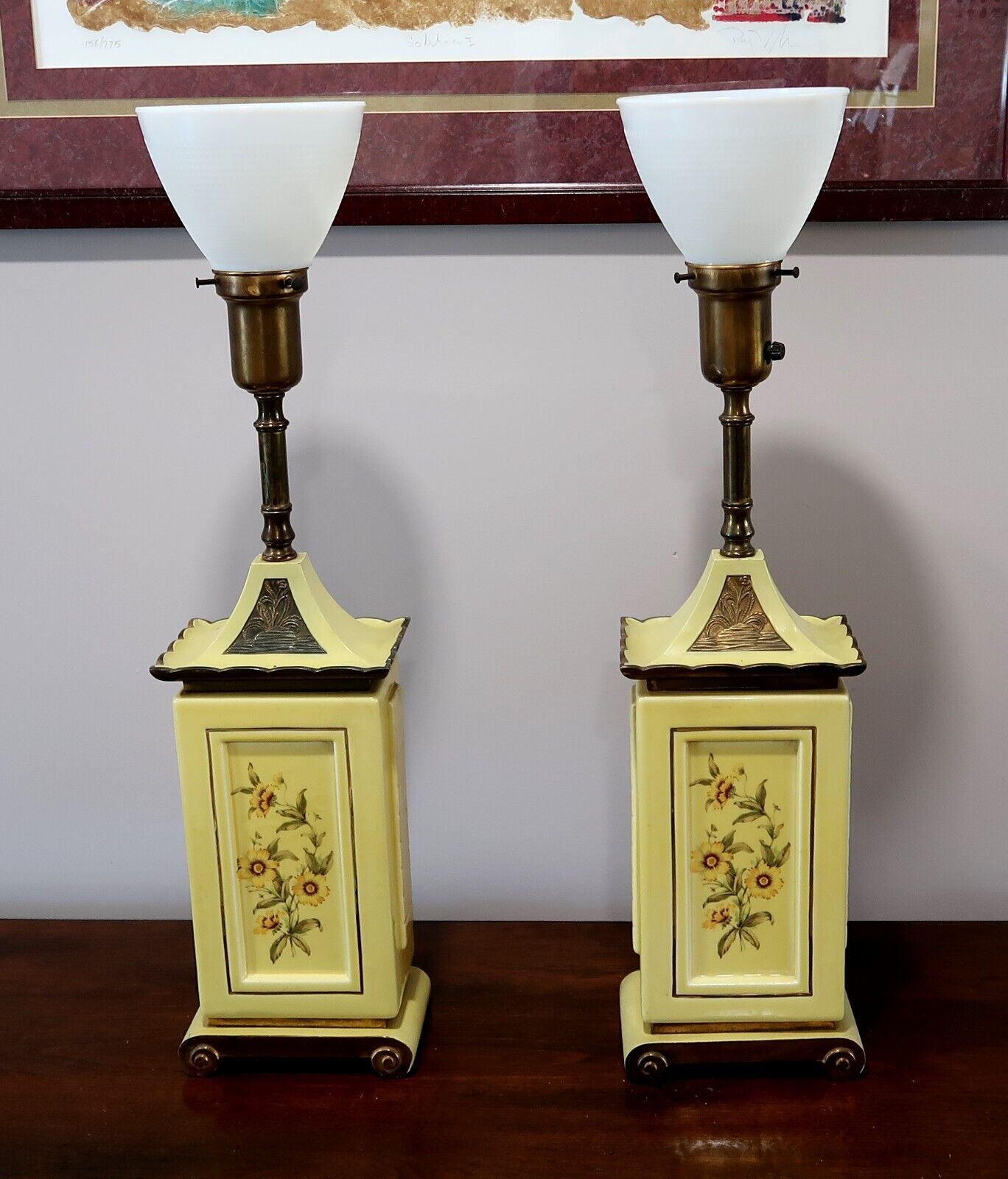 Antique Porceline Rembradt Lamps, Yellow Floral, 6\
