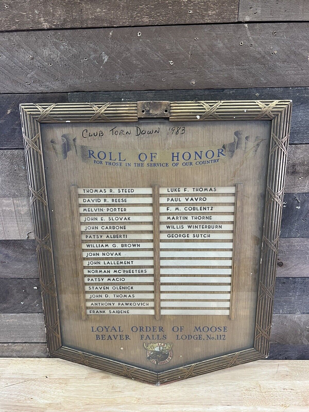 Vintage Loyal Order Of Moose Roll Of Honor Plague Lodge No.112 Beaver Falls, PA 