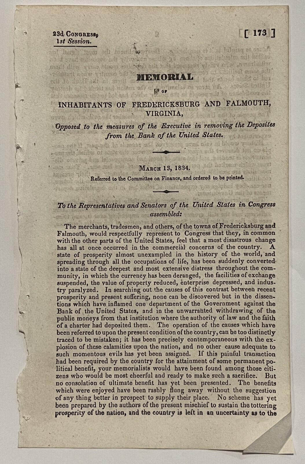 1834 MEMORIAL OF FREDERICKS BURG FALMOUTH VA., ASKS CONGRESS TO SAVE FROM EVILS