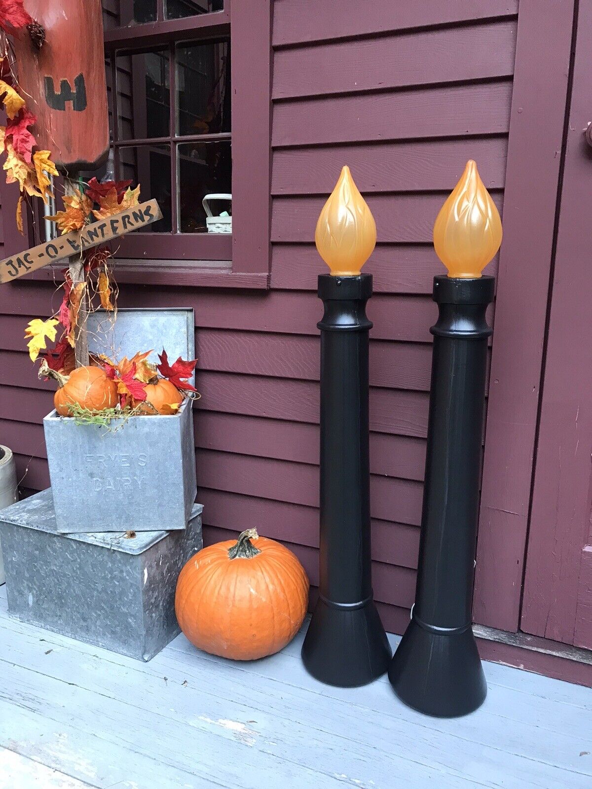 Blow Mold Halloween Black and Orange Lighted Candles Union Products Pair Scary