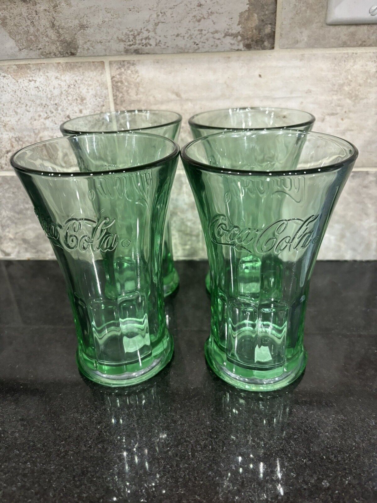 Libby Green Flared 16 0z Coca Cola Glass Set Of 4 Heavy  Glass