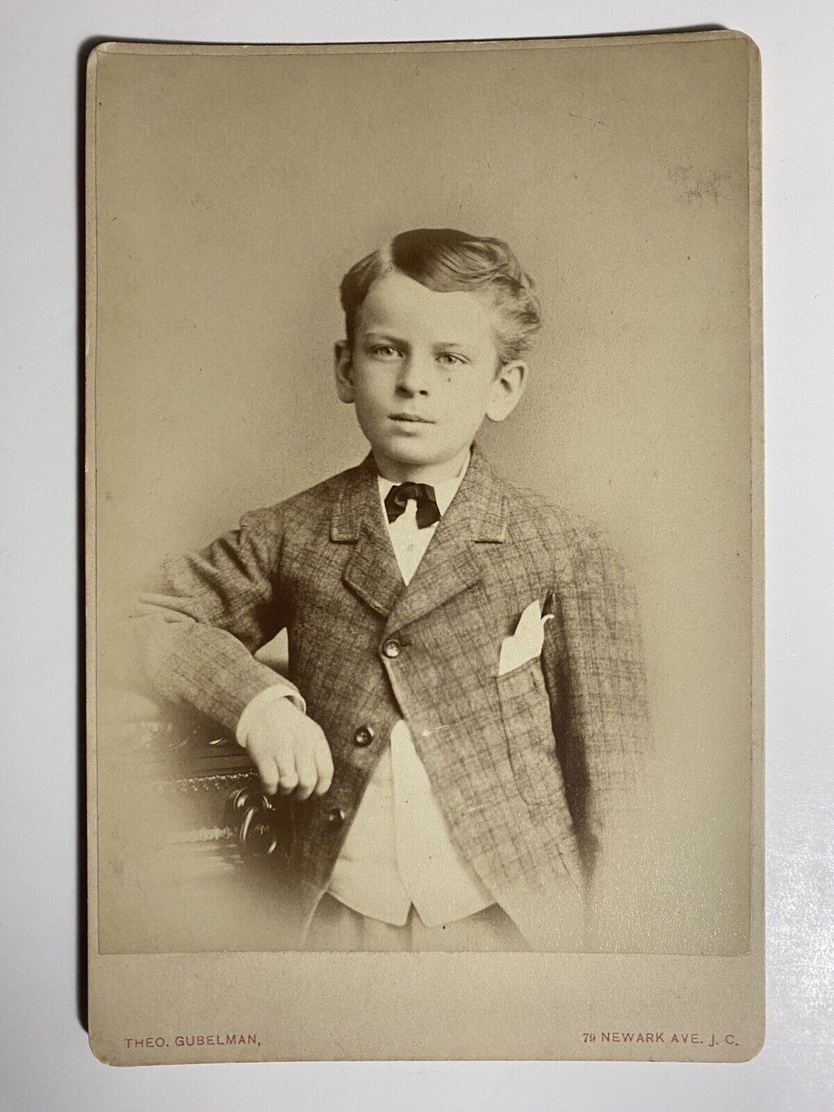 Vintage 1890 Cabinet Card Young Boy Bow tie Suit 