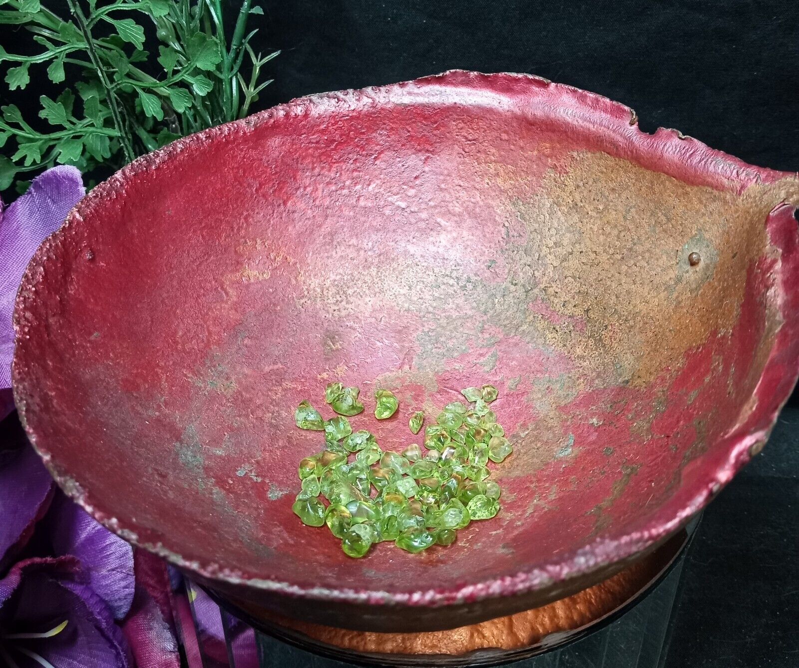 STUNNING ARTISAN Copper Splash Bowl with 57 Carats San Carlos Peridot Gemstones