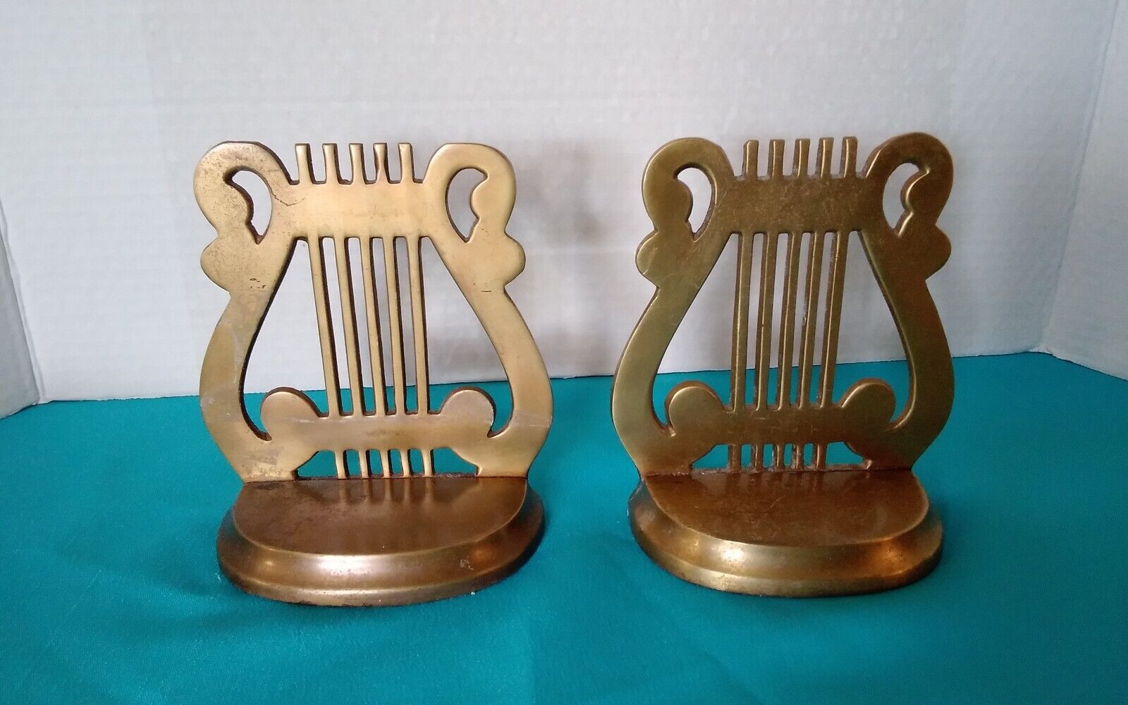 Vintage MCM Brass Harp Lyre Bookends Retro 70's Set of 2 Solid Brass