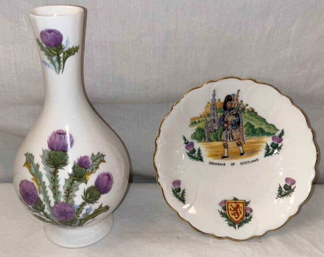 Vintage Scotland Highland China Vase & Souvenir of Scotland Dish (Bone China)