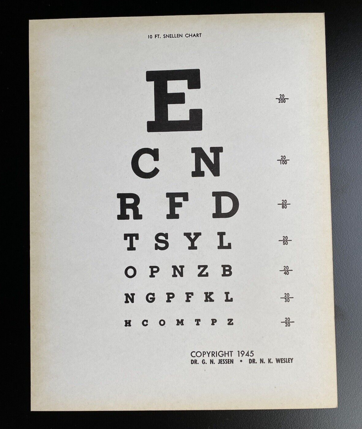 Vintage 1945 Vision Eye Chart Test Dr. George Jessen & Dr. Newton K. Wesley