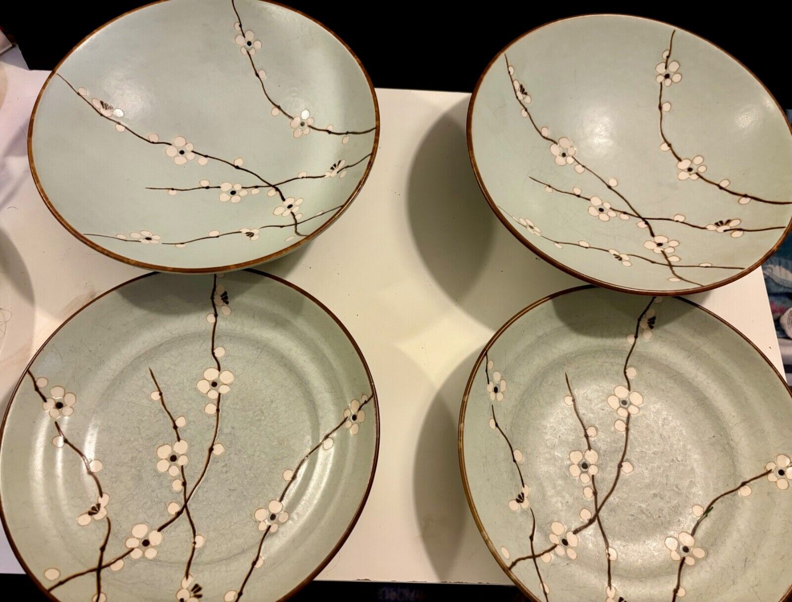 Kotobuki Bowls & Plates 2 Sets Early Spring Blossoms Blue Pottery Japan.