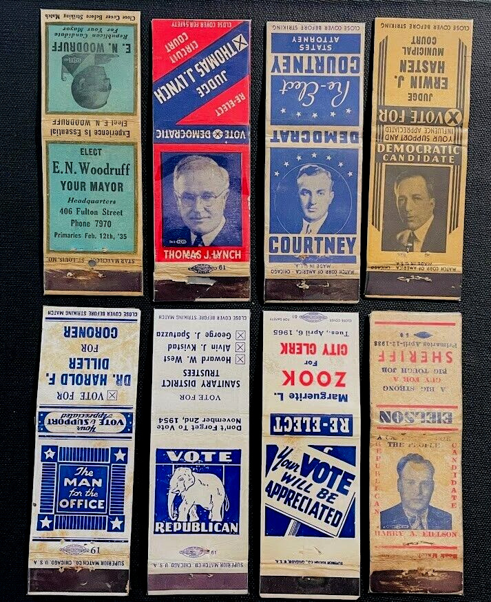 Chicago Illinois Area 1940-60's Political Campaign Advertising Matchbook Covers
