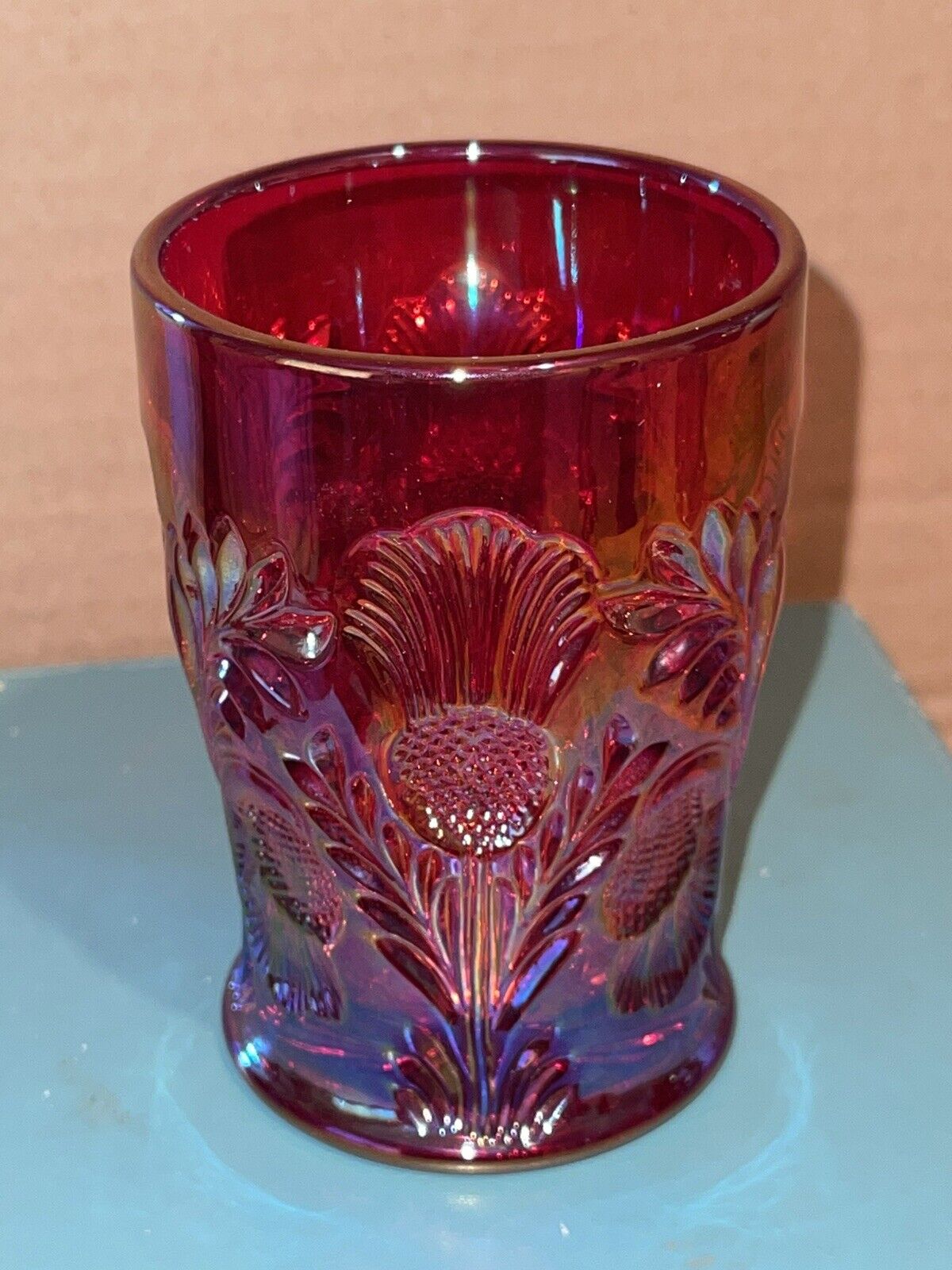 Late Terry Crider Red iridescent carnival Tumbler drinking glass signed