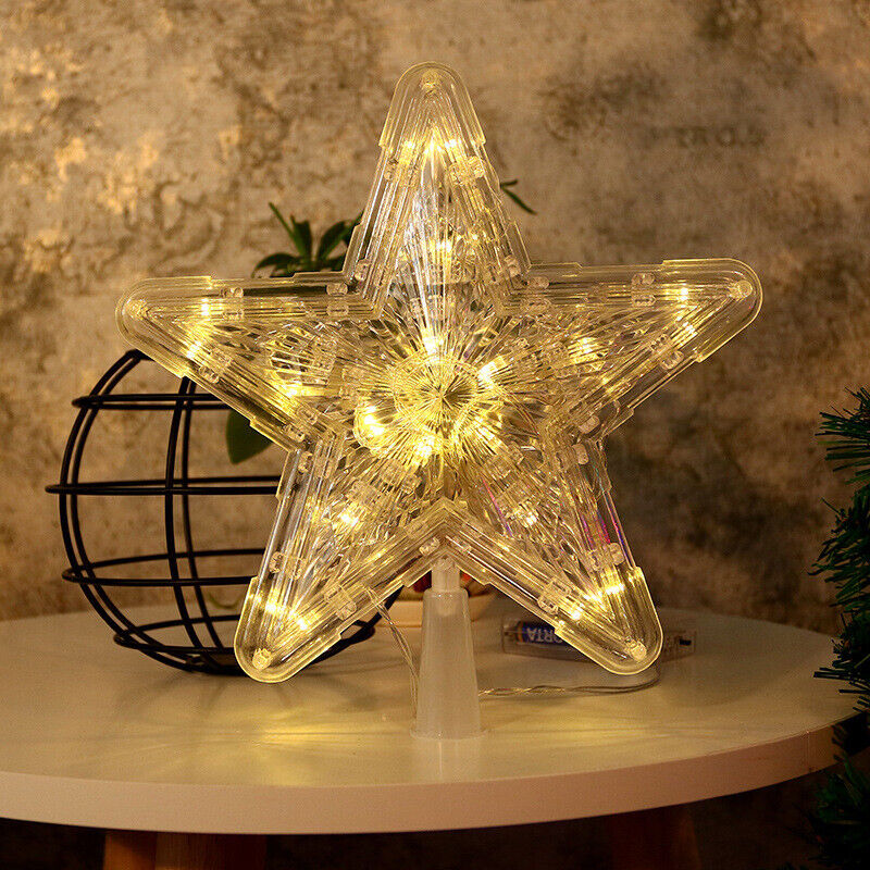 Christmas Tree Topper Lighted LED Star Xmas Light Up Lamp Decor Glitter Gift