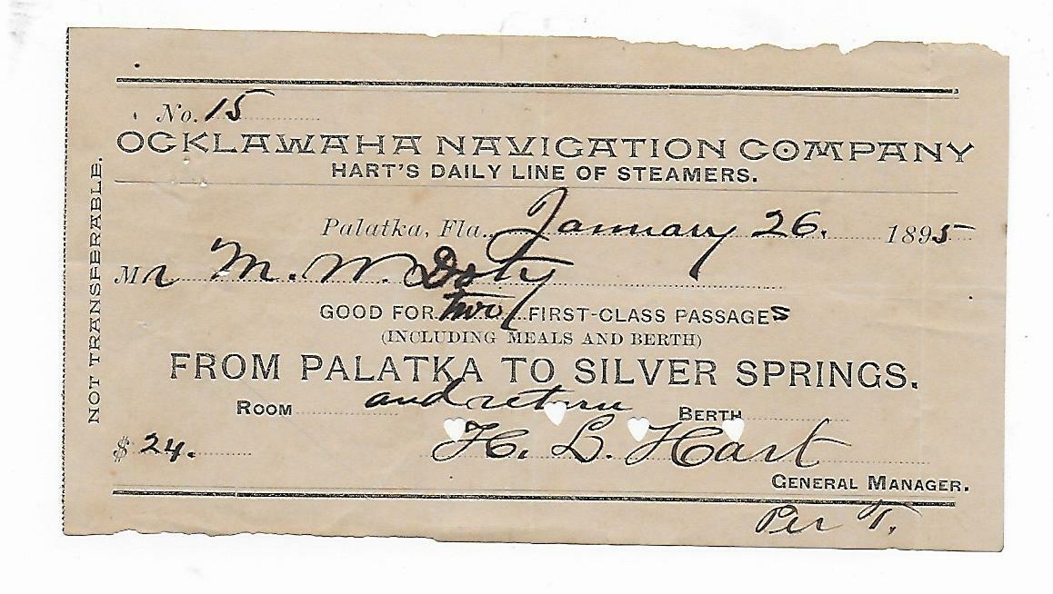  Jan 1895 Ocklawaha Navigation Company Palatka to Silver Springs Florida Ticket