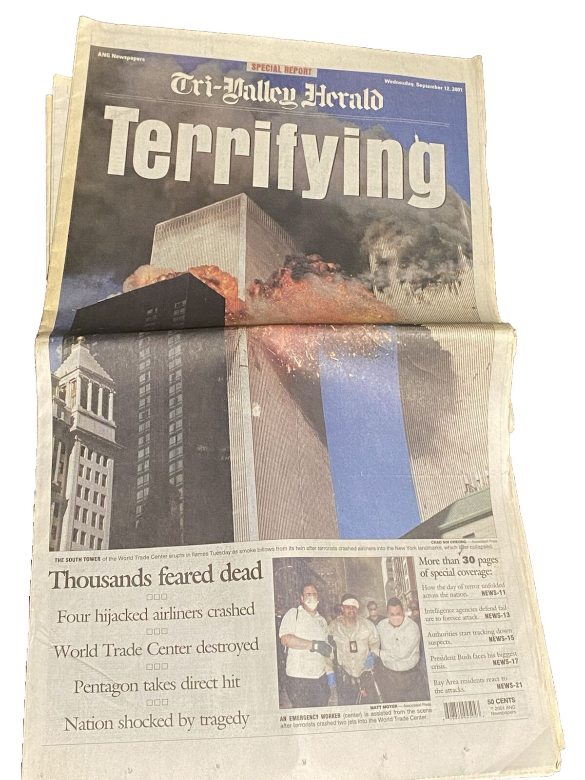 Vintage September 11th Attack Coverage Newspaper Tri-Valley Herald 9/12/2001