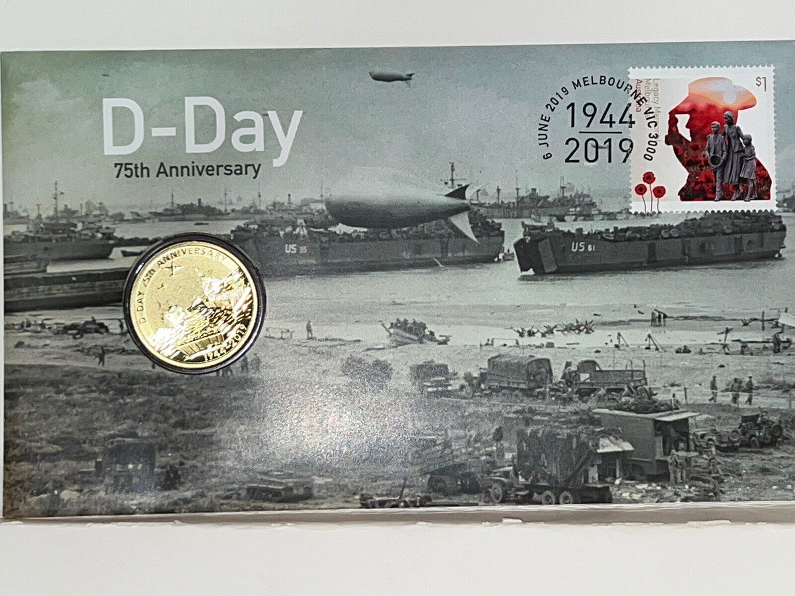 2019 COIN, ENVELOPE, STAMP, AND POST MARK ON 6-6-19. 75th ANNIVERSARY OF D-DAY. 