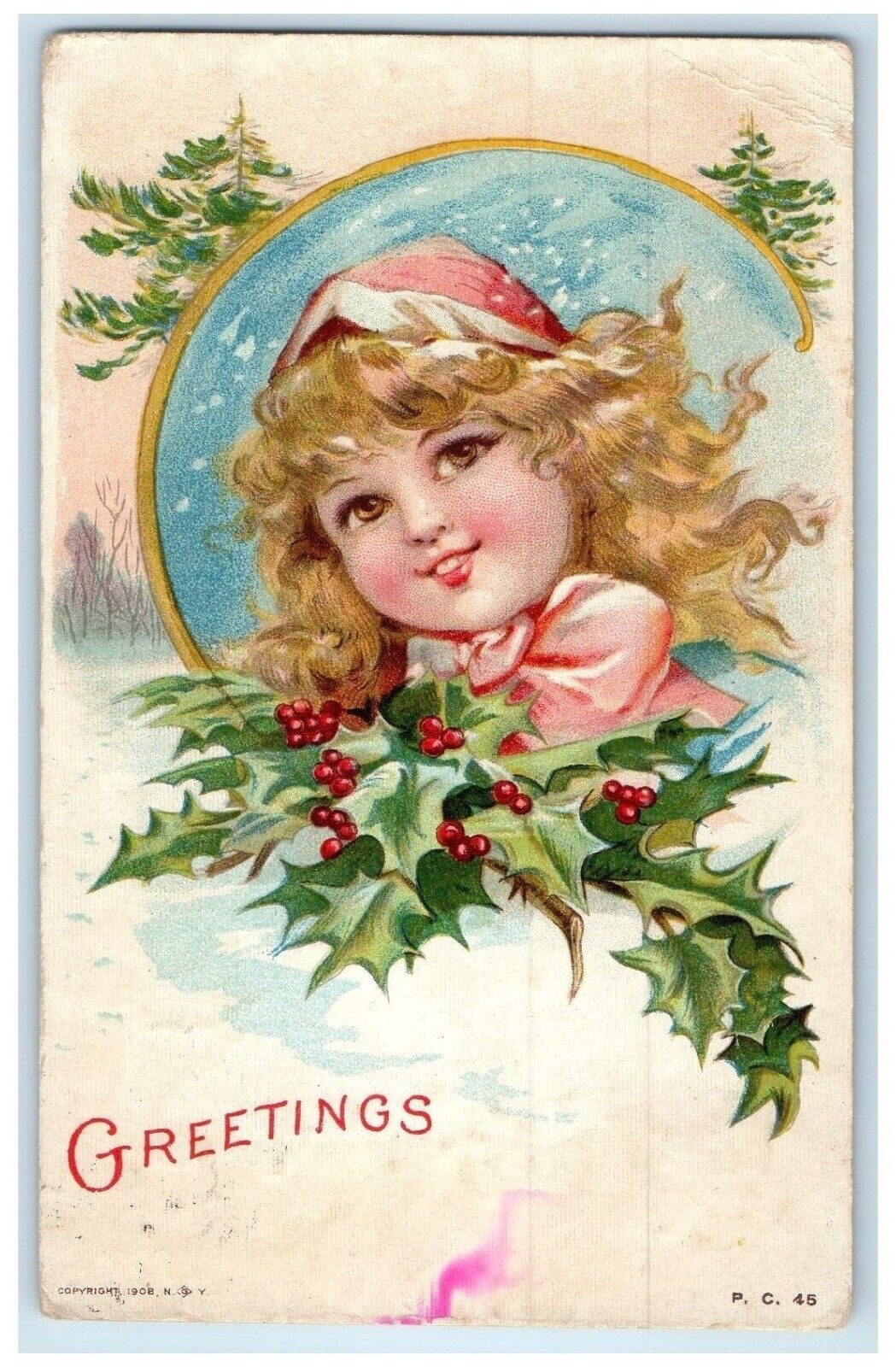 c1910\'s Christmas Greetings Cute Girl Holly Berries Logan Kansas KS Postcard