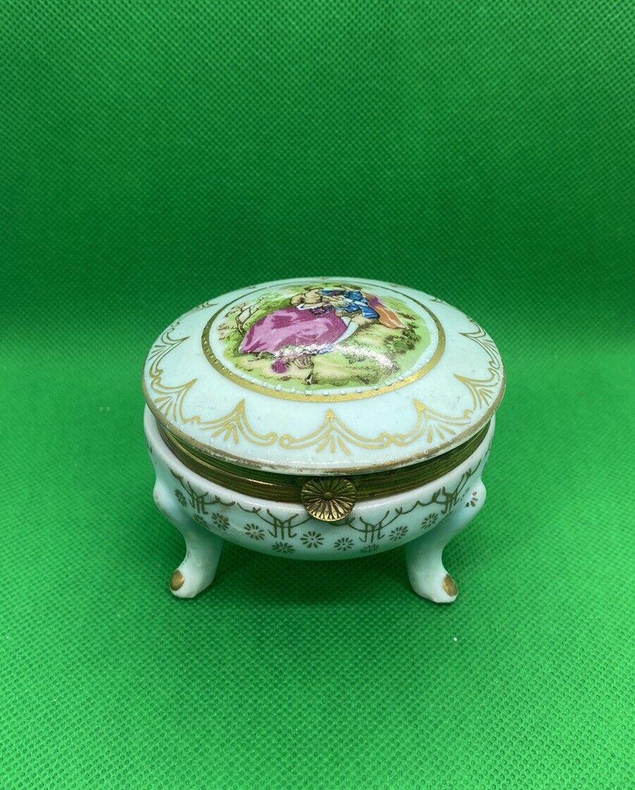 Vintage Three Footed Porcelain Trinket Box-Japan Gold