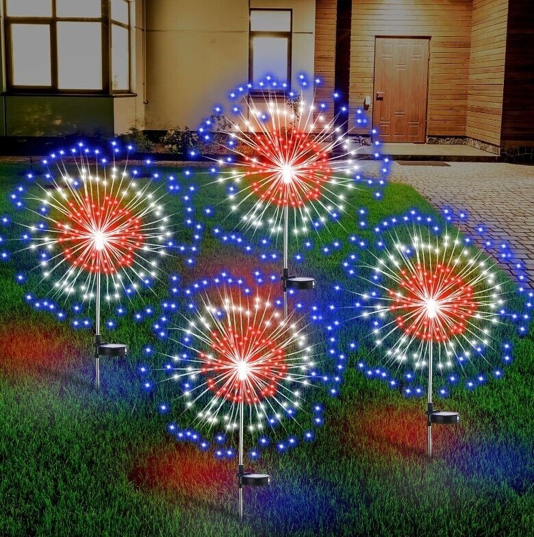 4 Pack 4th of July Solar Firework Lights Red White and Blue Lights with 180