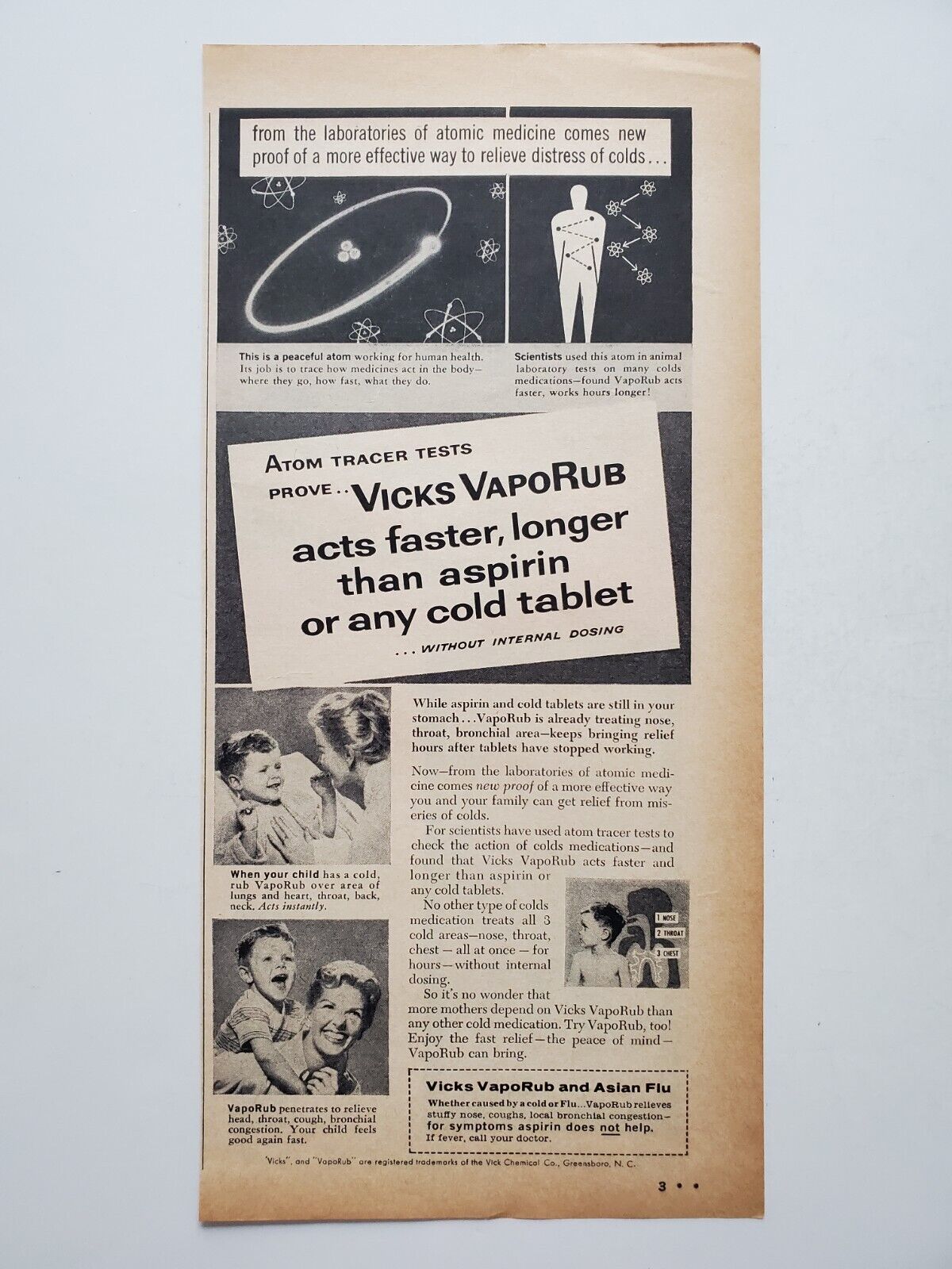 Vicks VapoRub Atom Tracer Tests Cold/Flu Relief Mom/Child 1958 Vintage Print Ad