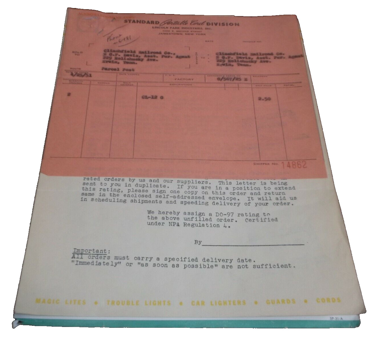 APRIL 1951 CLINCHFIELD RAILROAD PURCHASE ORDER STANDARD PORTABLE CORD