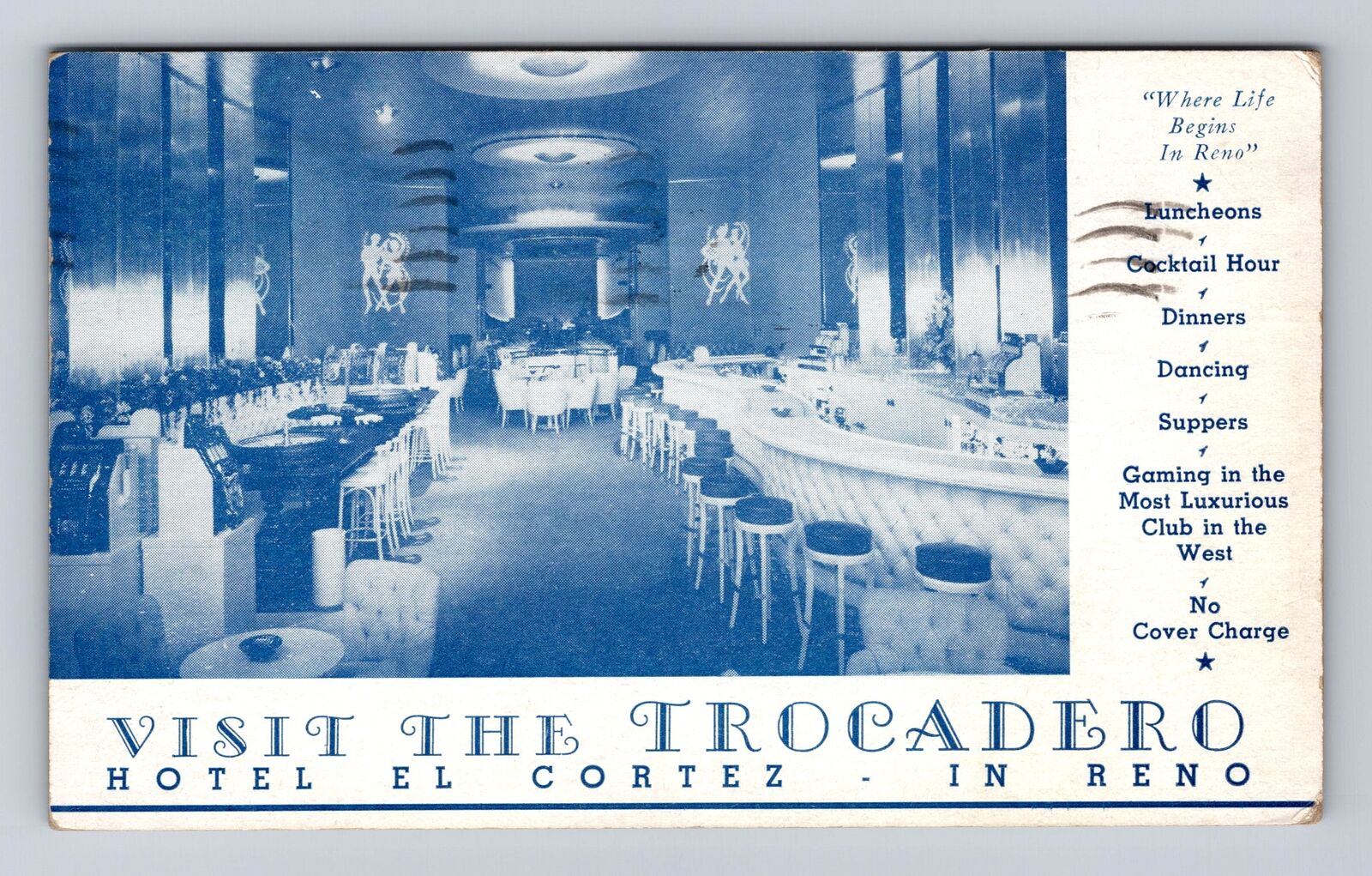 Reno NV-Nevada, Hotel El Cortez, Trocadero Advertising, Vintage c1946 Postcard