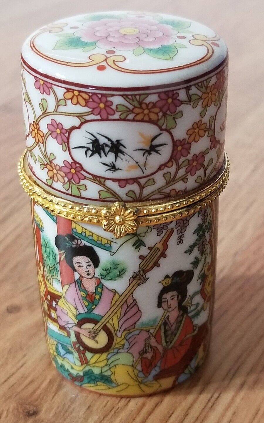 Chinese Asian Style Porcelain Trinket Holder Flowers Birds Musical Instrument 