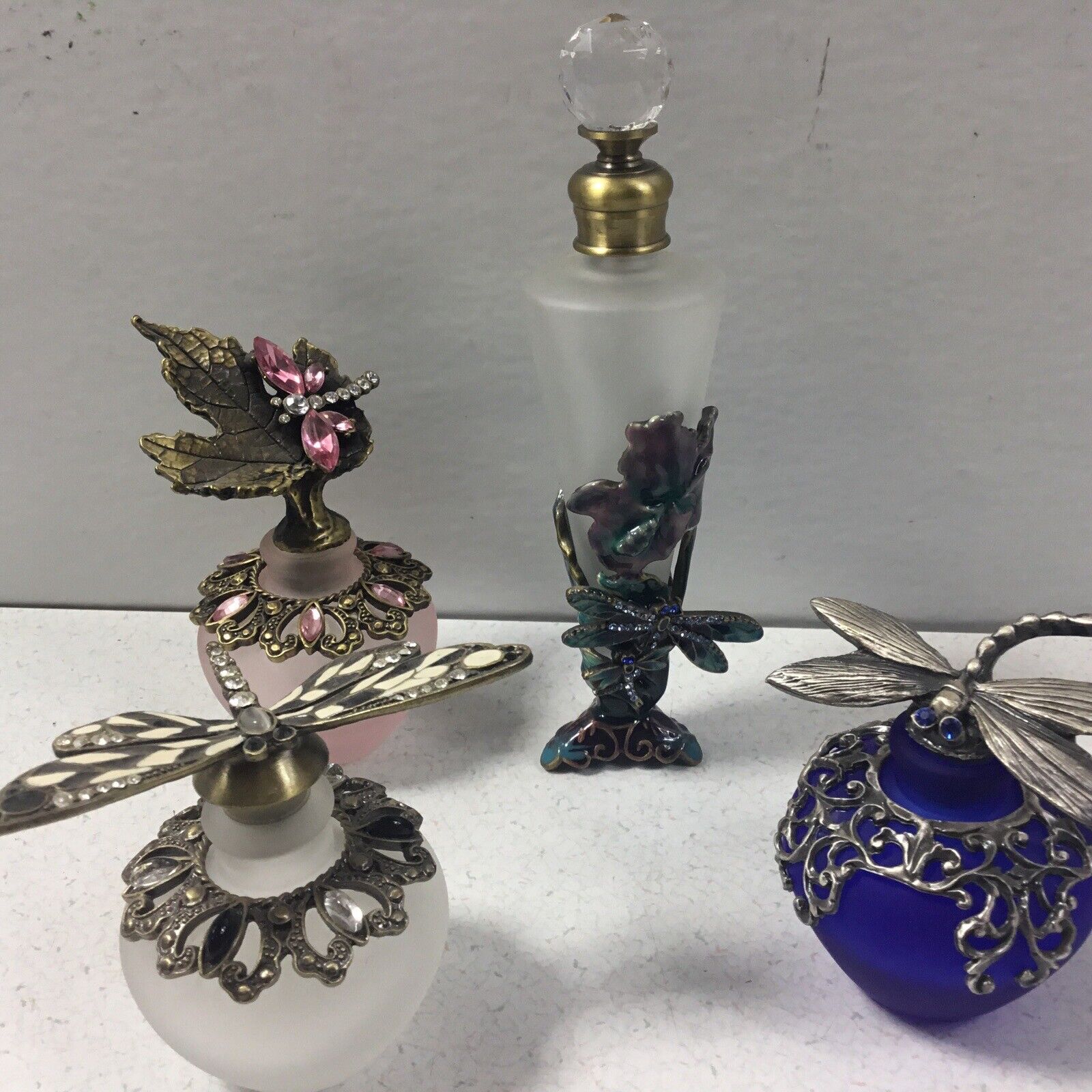 4 Vintage Glass Opaque Perfume Bottles Dragonfly Vanity Dab Ceramic Coat Jewels