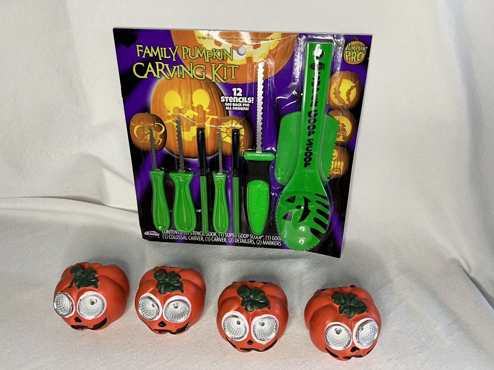 20 Pc Family Pumpkin Carving Kit Standard & Set Of 4 Solar Pumpkins. Halloween