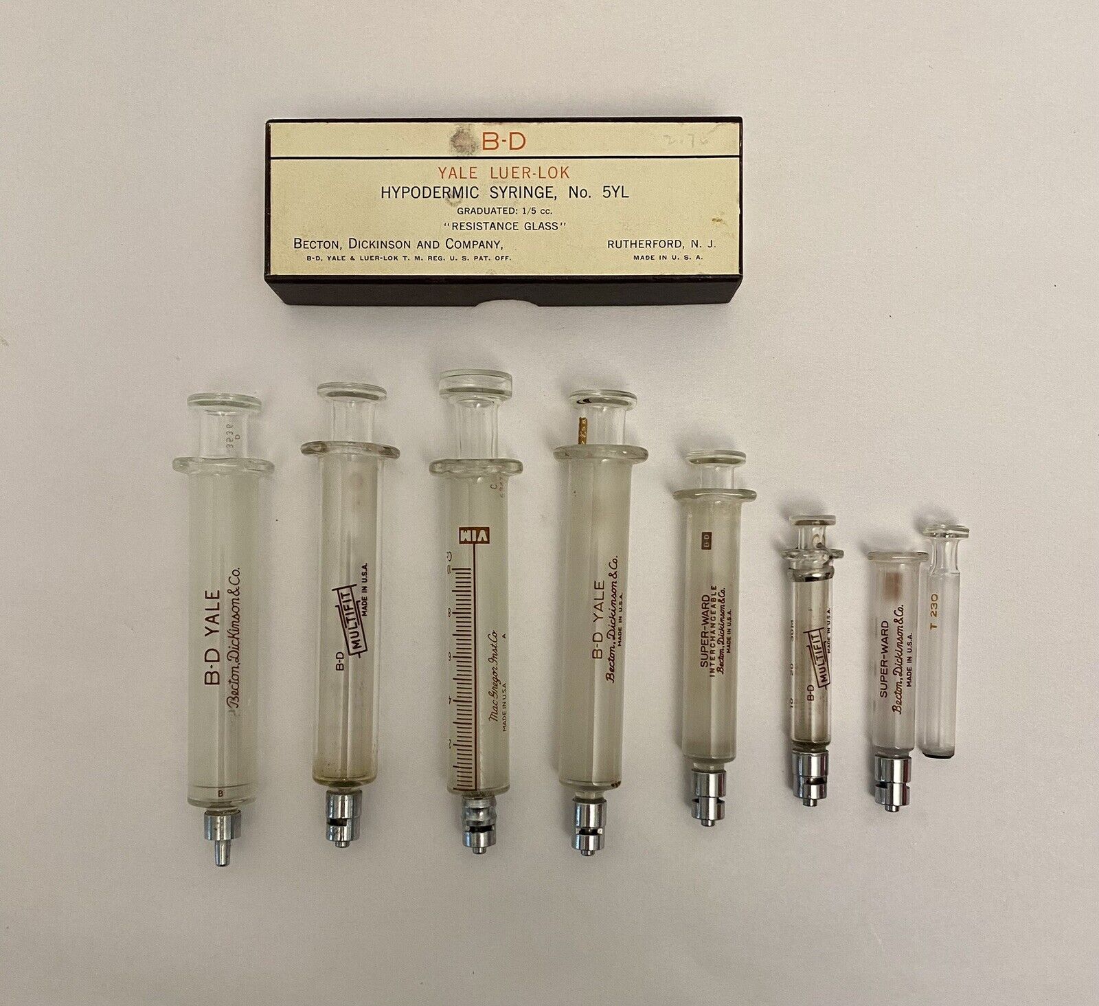 Vintage Lot of 8 BD Multifit Luer Lock Super Ward Glass Syringes Metal Tips
