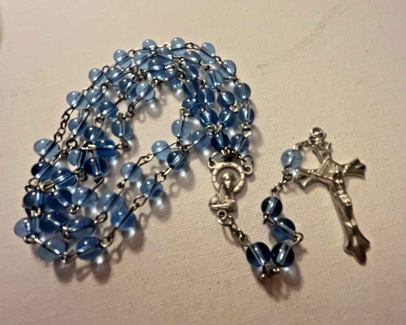 Vintage Handmade Blue Translucent Glass 5mm Bead Rosary  *