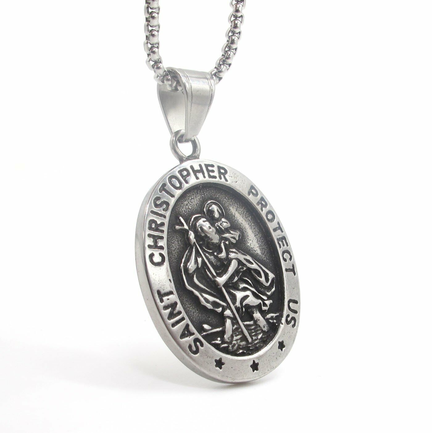 MOYON Mens St Saint Christopher Medal Pendant Necklace Stainless Steel Amulet