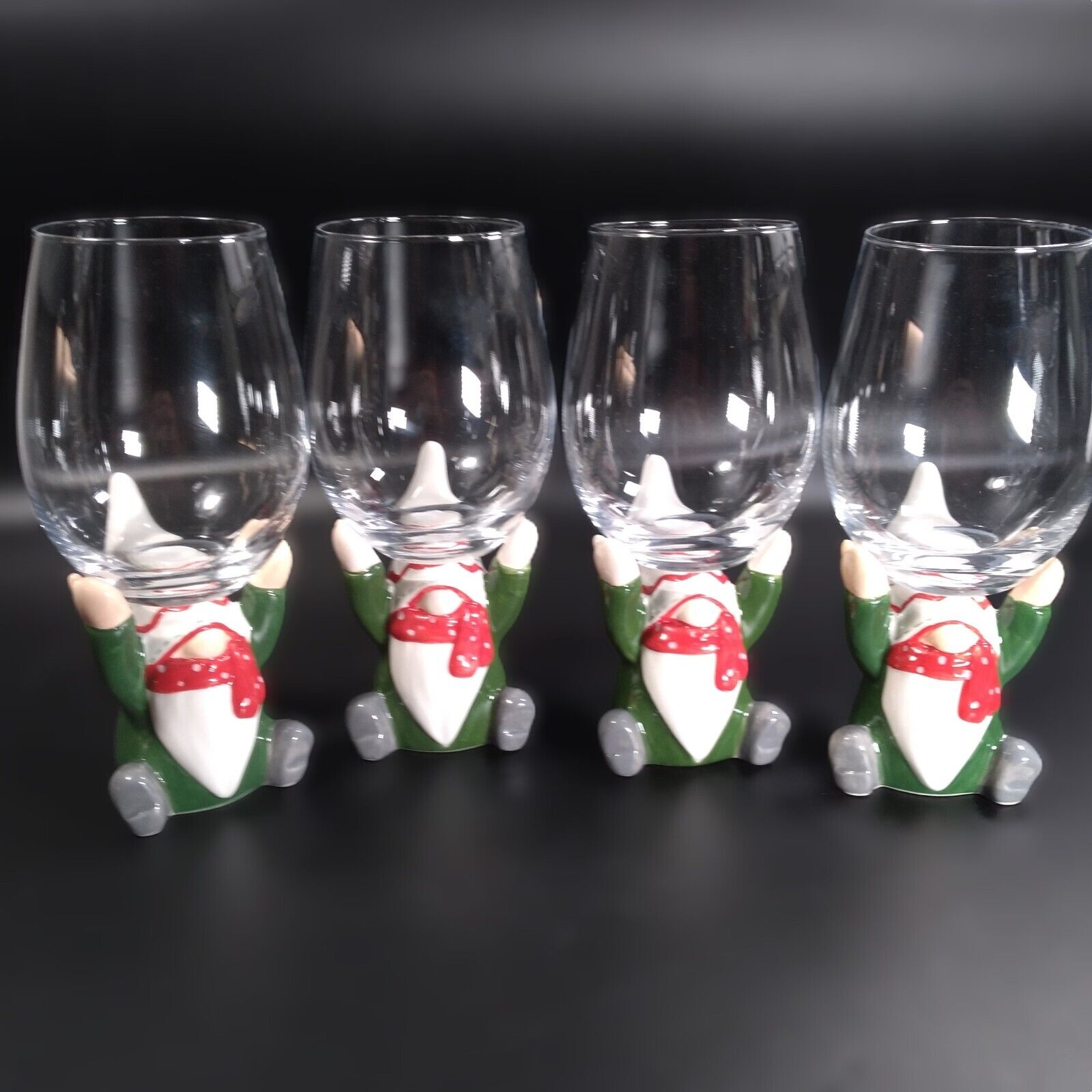 4 Gnome Wine Glasses Large Clear Glass Bowl held by Ceramic Christmas Gnome