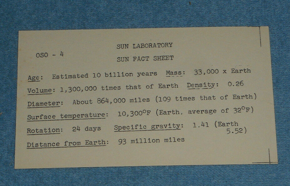 1967 NASA Card Orbiting Solar Observatory OSO 4 Satellite Sun Lab Fact Sheet