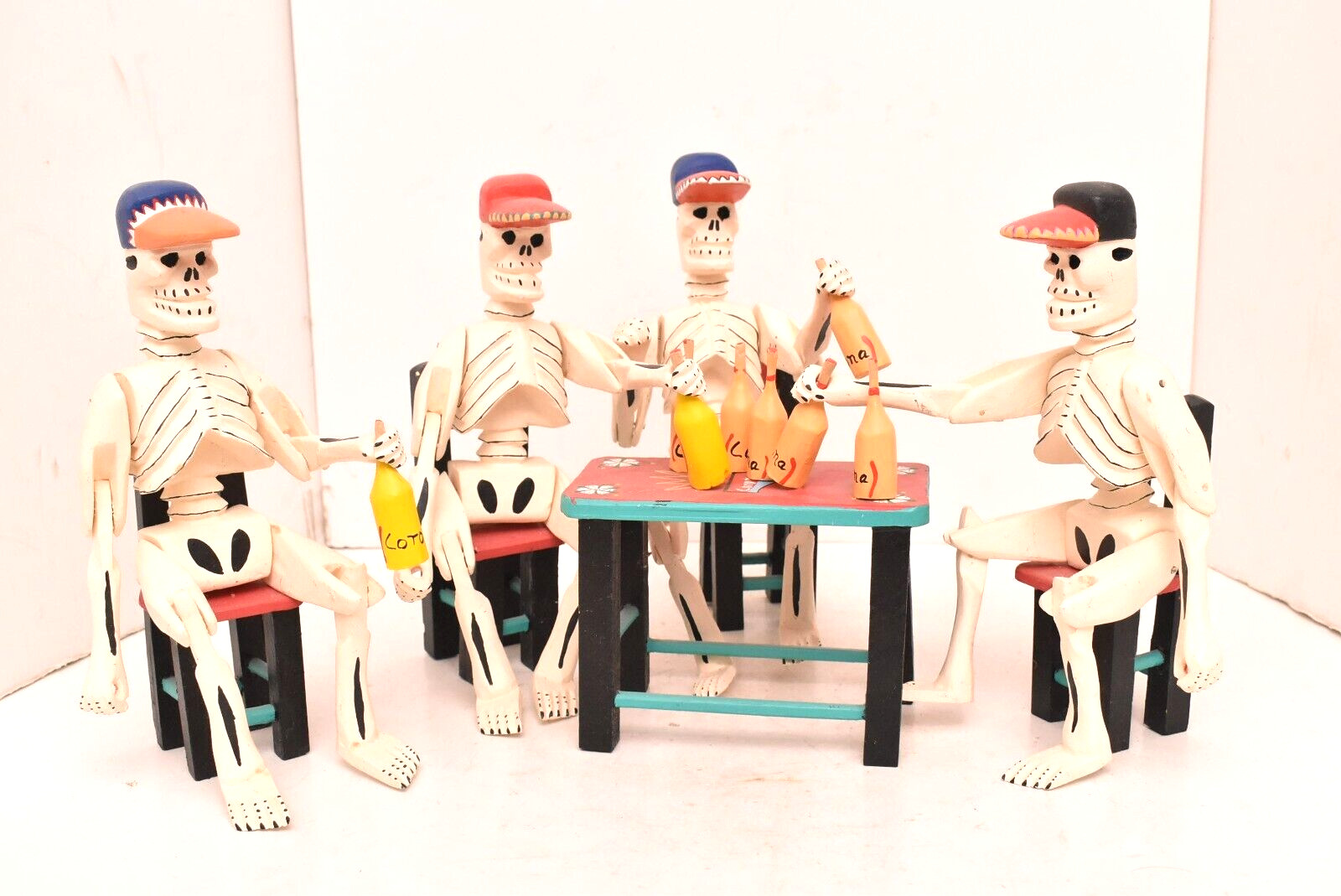 Mexican folk art Oaxaca wood carved Skeletons Drinking Statue Figure Day Dead
