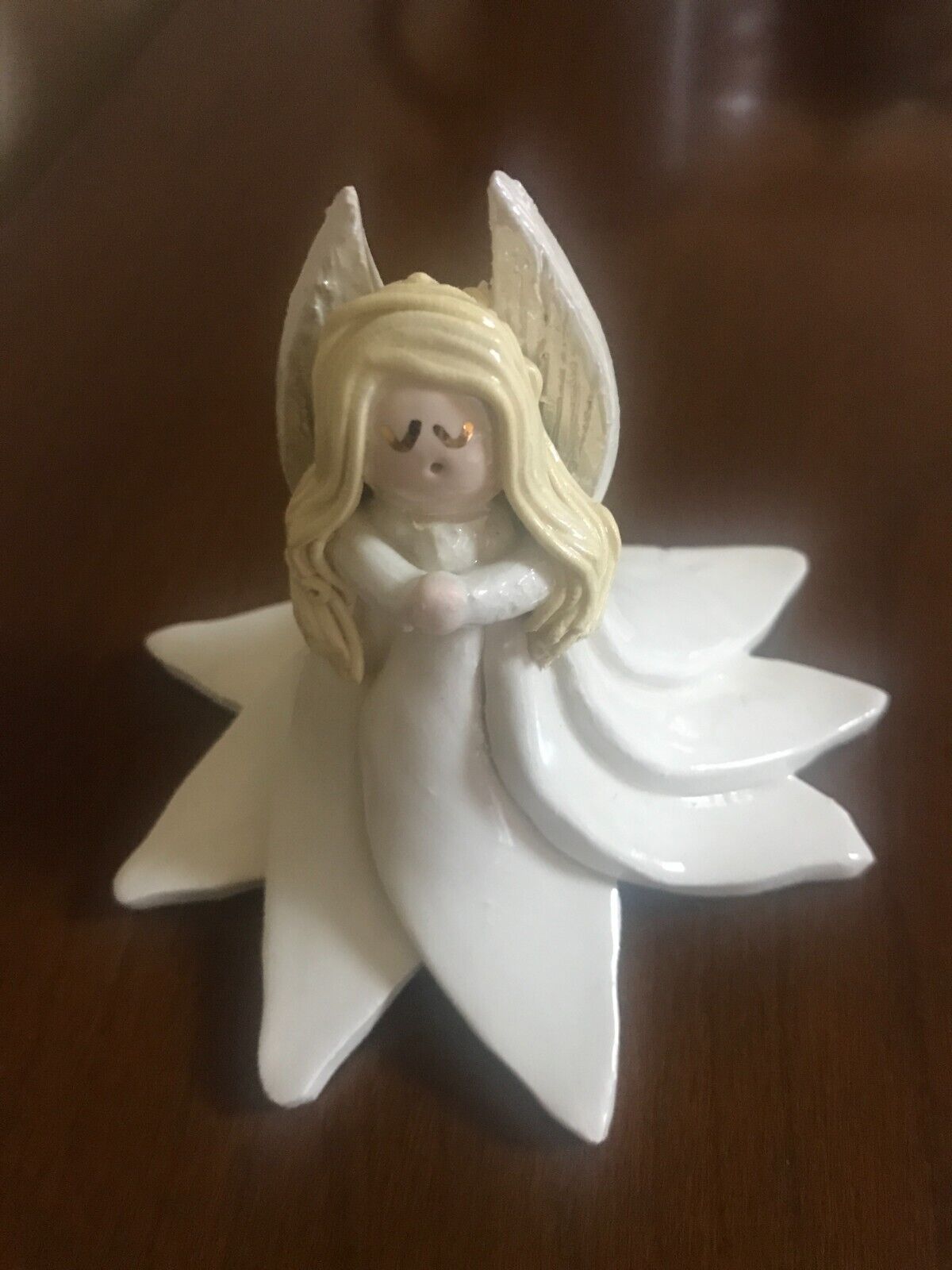 Vintage Hand Made Hand Painted Clay Angel Table Ornament, White, 3.0\