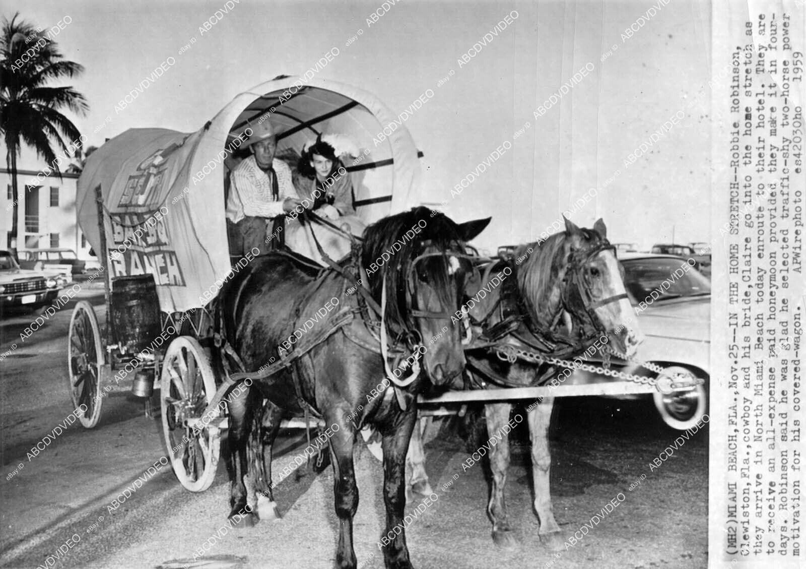 crp-36435 1959 Clewiston Florida Robbie Robinson & wife Claire ride covered wago
