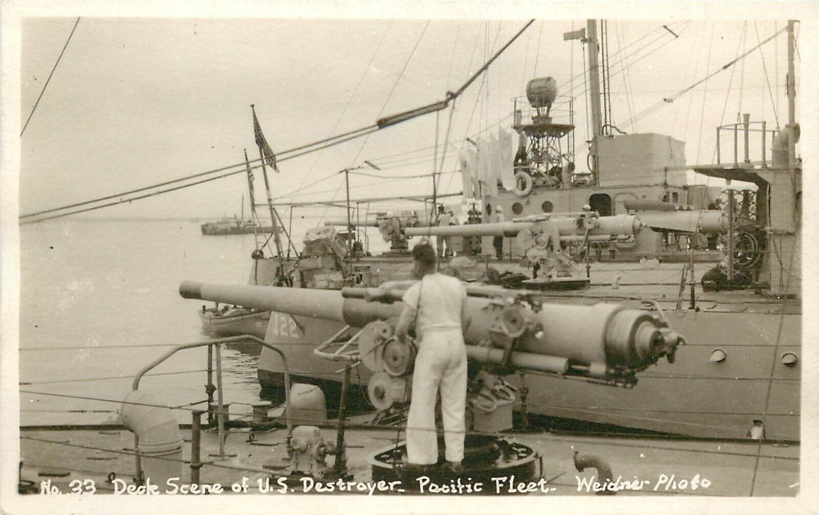 Chas. Weidner RPPC 33. Deck of US Destroyer, Pacific Fleet, Sailor & Cannon
