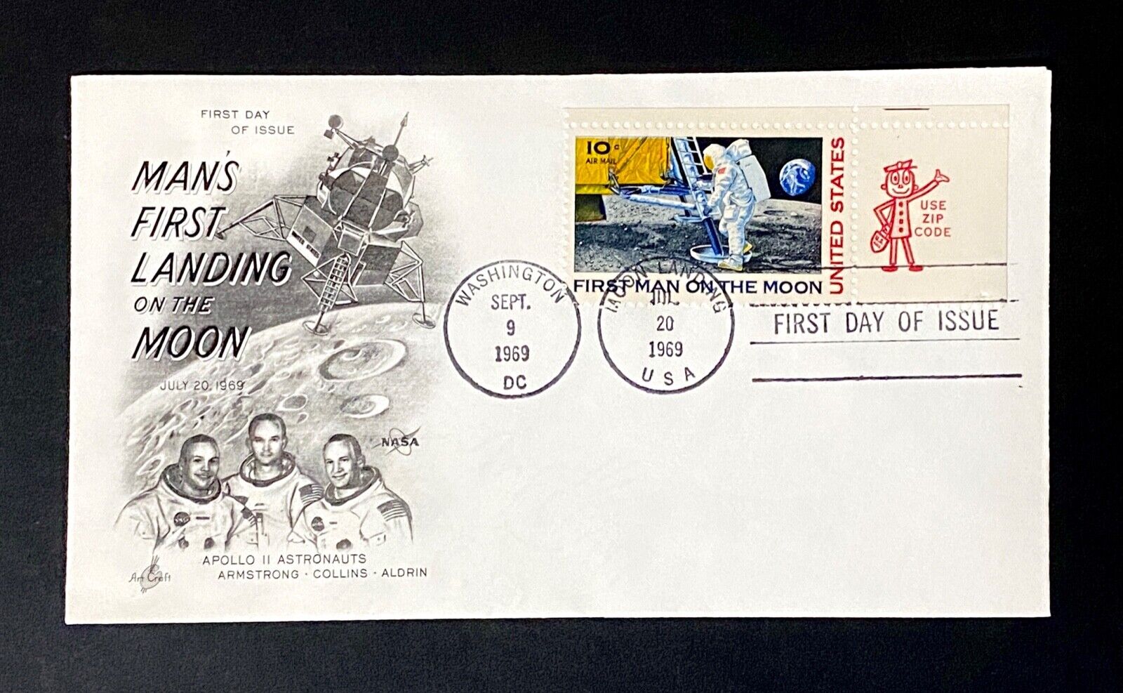 StampTLC US C76 1st Man Moon Landing Space Apollo11 NASA Mr Zip Hand Stamp 1969
