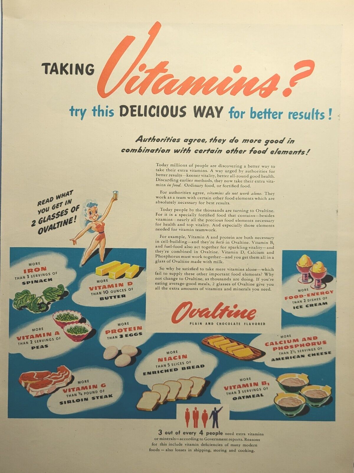 Ovaltine Plain and Chocolate Vitamin Drink Vintage Print Ad 1945
