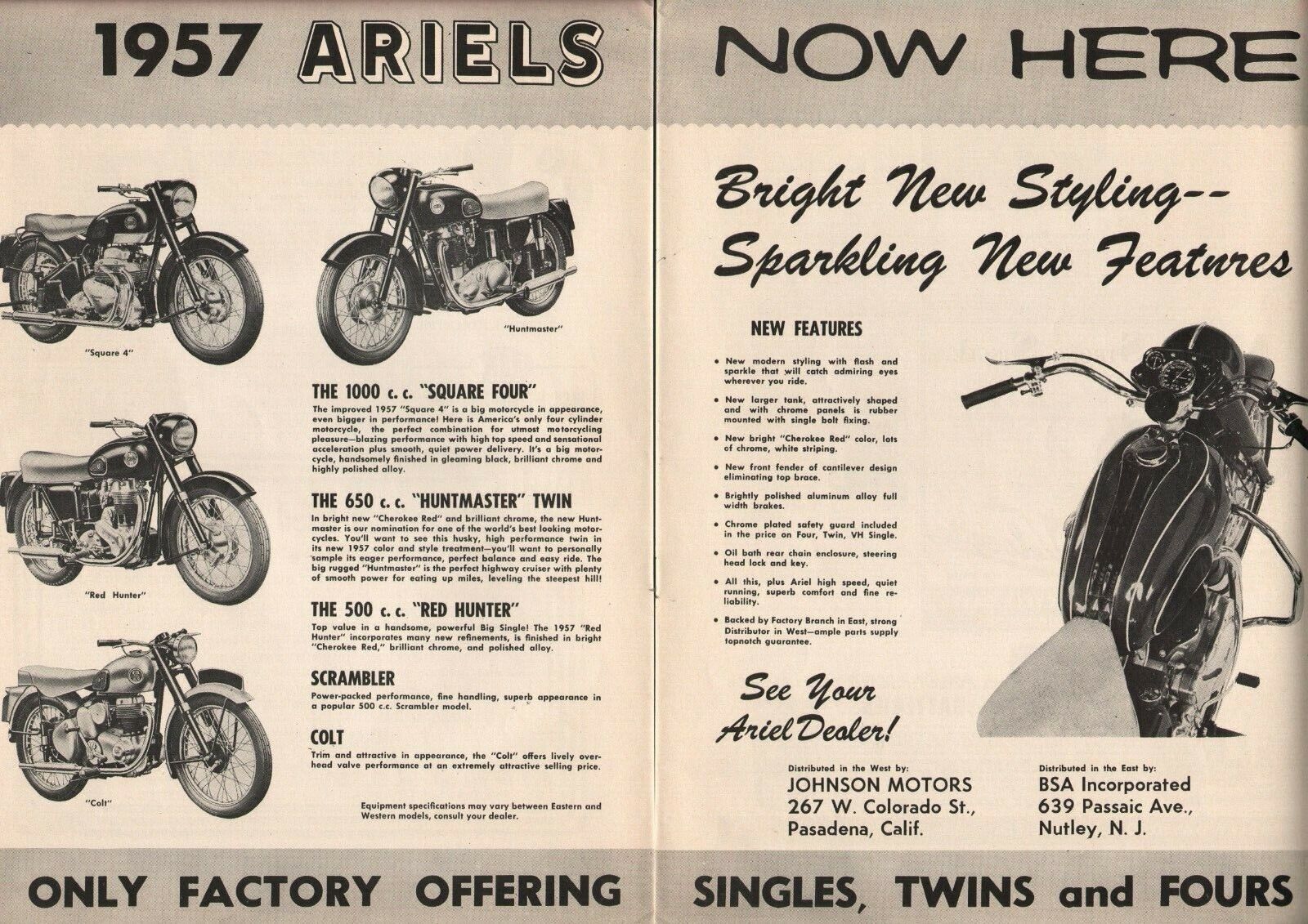 1957 Ariel Square Four, Huntmaster & Red Hunter - 2-Page Vintage Motorcycle Ad