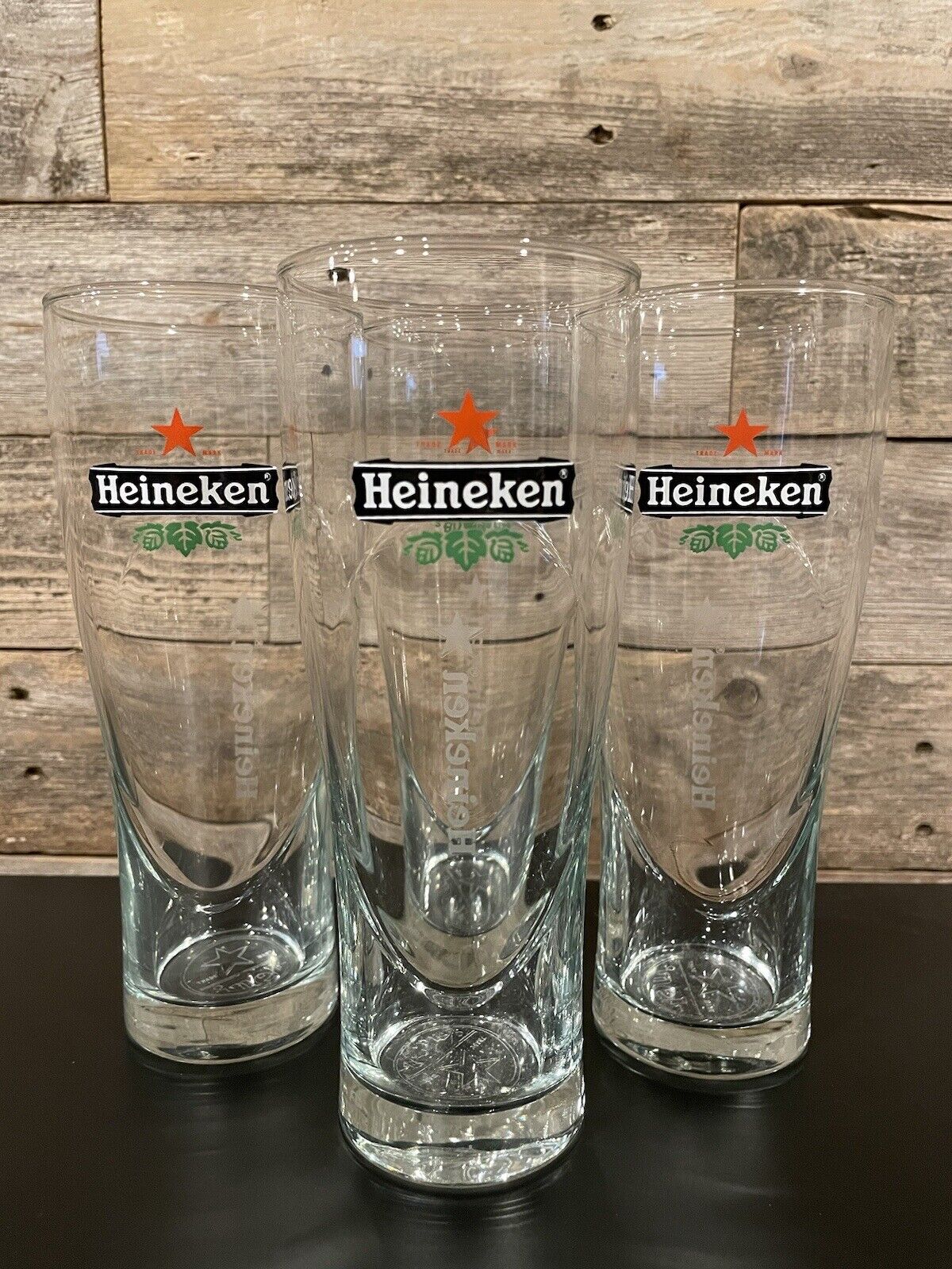 Heineken Red Star Logo 16oz Etched Bottom Beer Glasses - Set of  4.