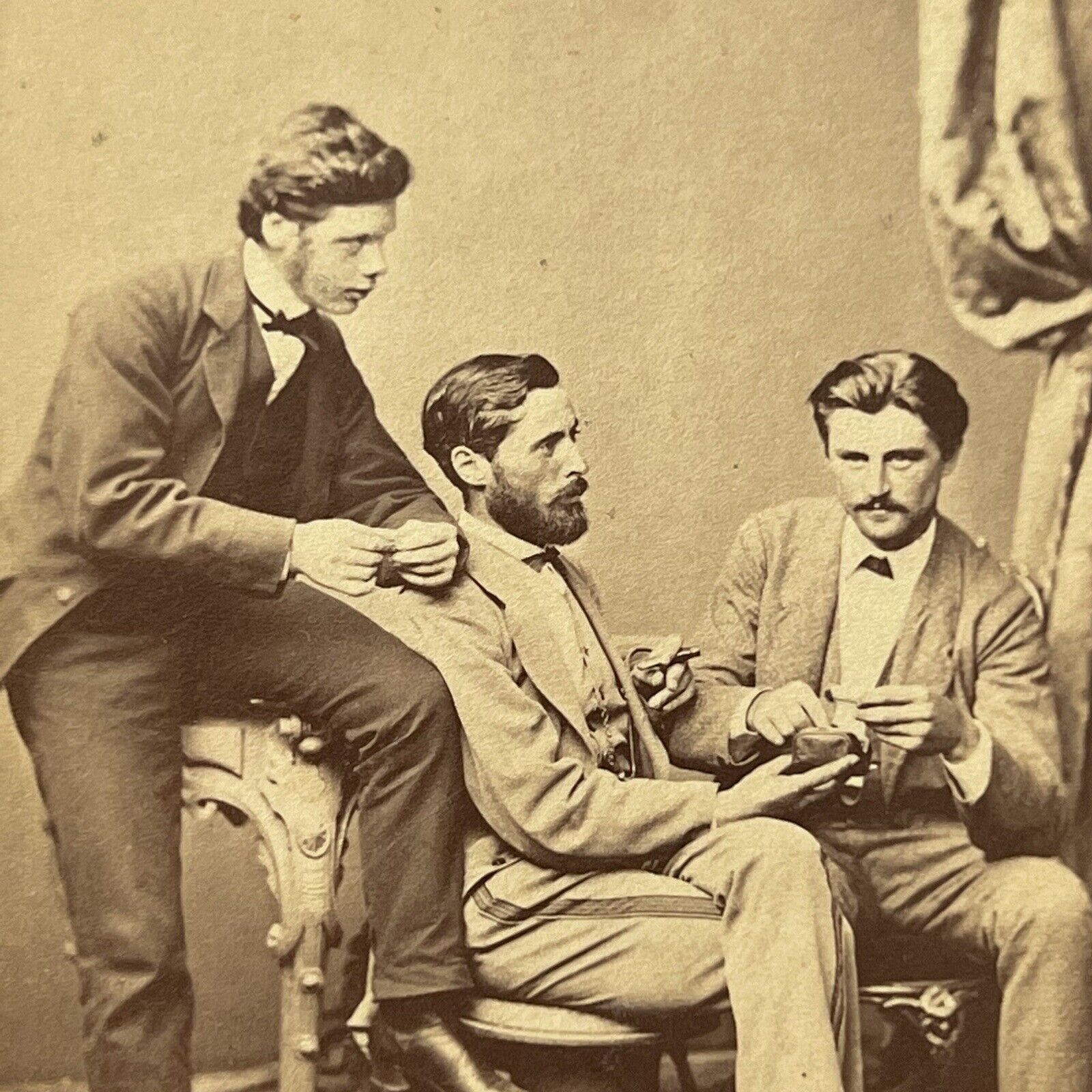 Antique CDV Photograph Very Handsome Young Men Rolling Tobacco Tobacciana