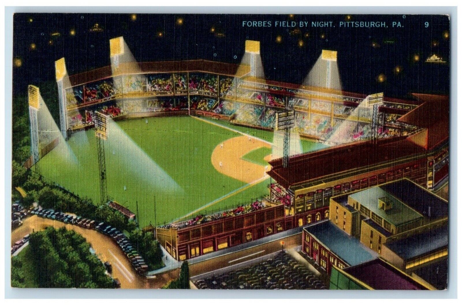 1940 Bird's Eye View Forbes Field Night Pittsburgh Pennsylvania Vintage Postcard