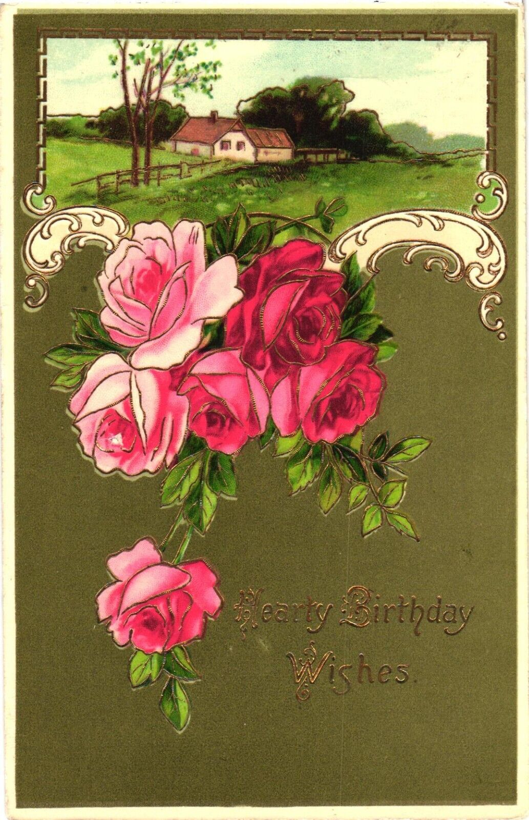 Scenic Home, Beautiful Pink and Red Roses, Hearty Birthday Wishes Postcard