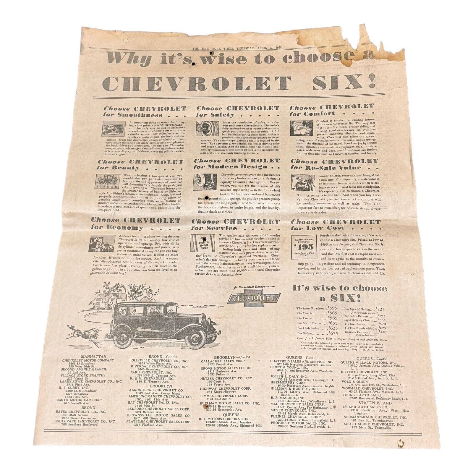 Chevrolet Six & Pontiac Rocket 1930 Full Page Newspaper Ad New York Vintage Car