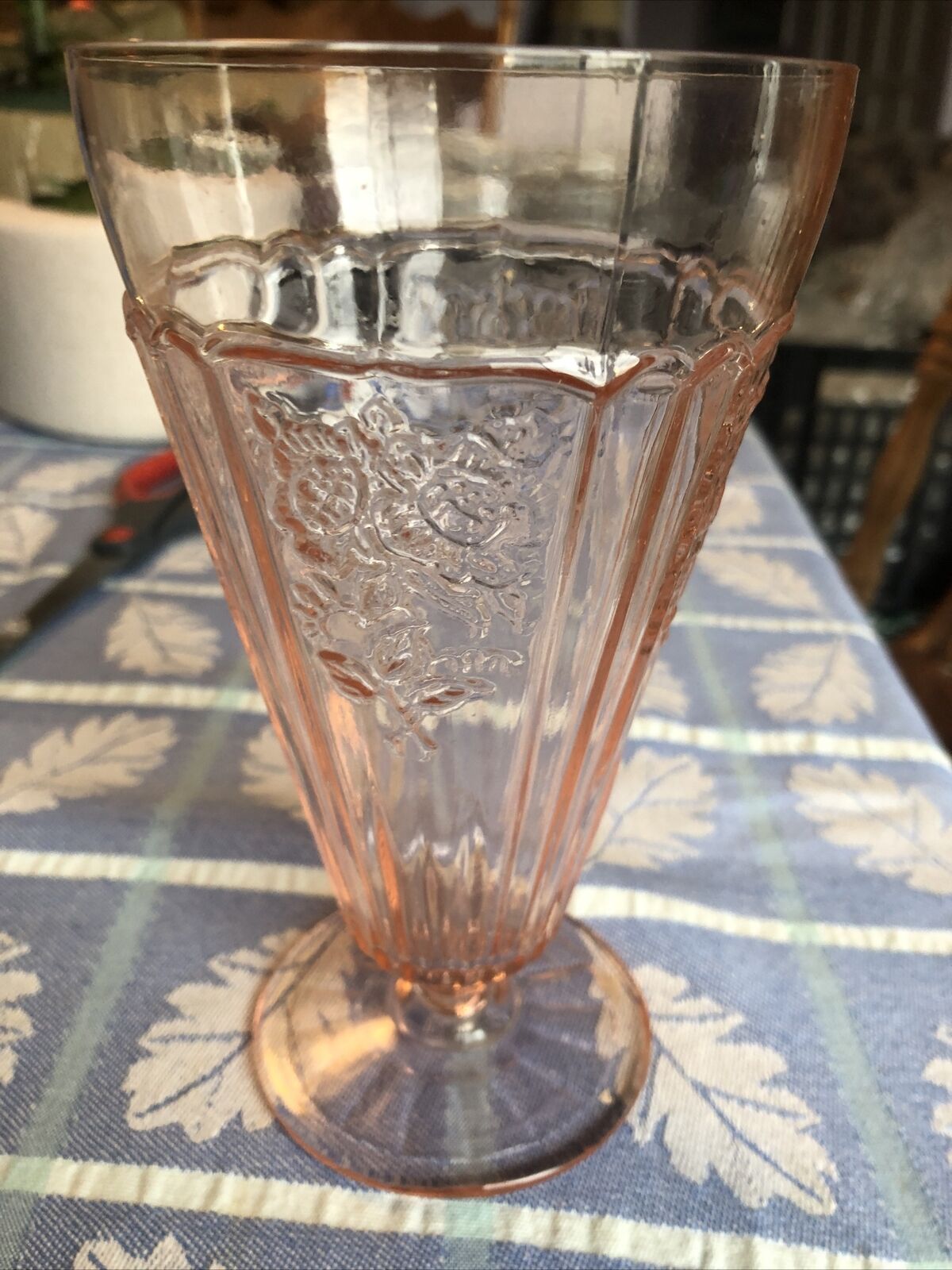 Vintage Pink Depression Glass, One Stemed Glass,6 3/4”Tall. Excellent Condition