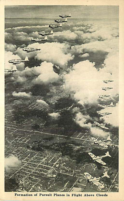 Postcard Formation of WWII of Pursuit Planes in Flight above Clouds